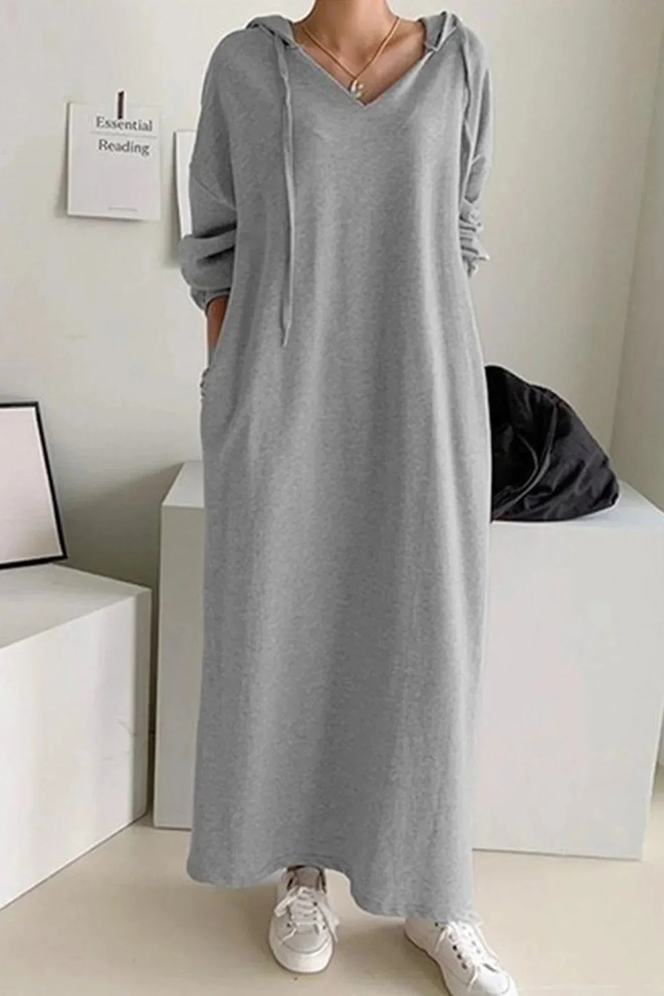 Hooded Drawstring V-Neck Dress